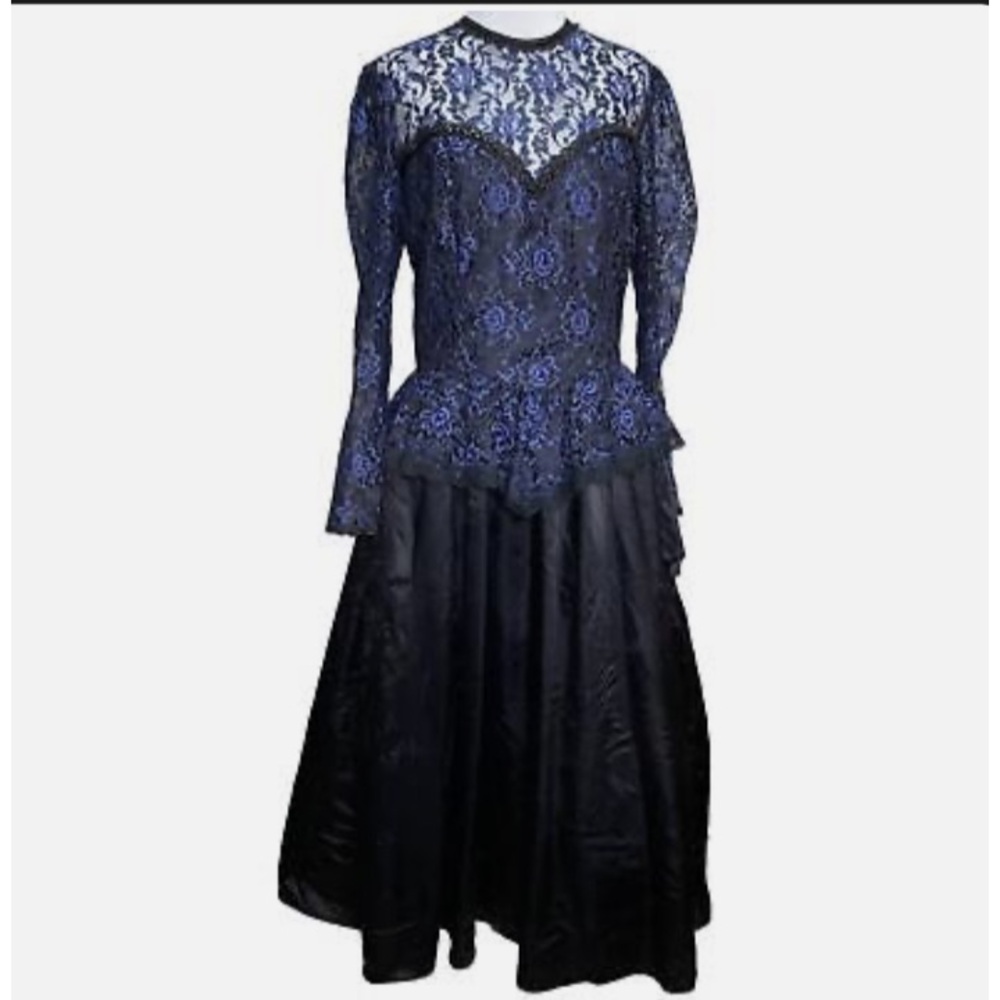 Vintage Gunne Sax Jessica McClintock LS Black w/Blue Lace Formal Dress, Size 5